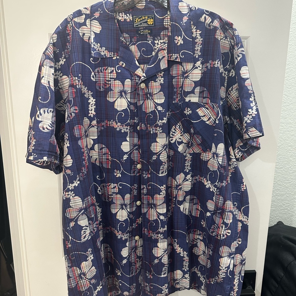 VINTAGE Lucky Brand Hawaiian Shirt Mens XL Blue Floral Button Up Aloha